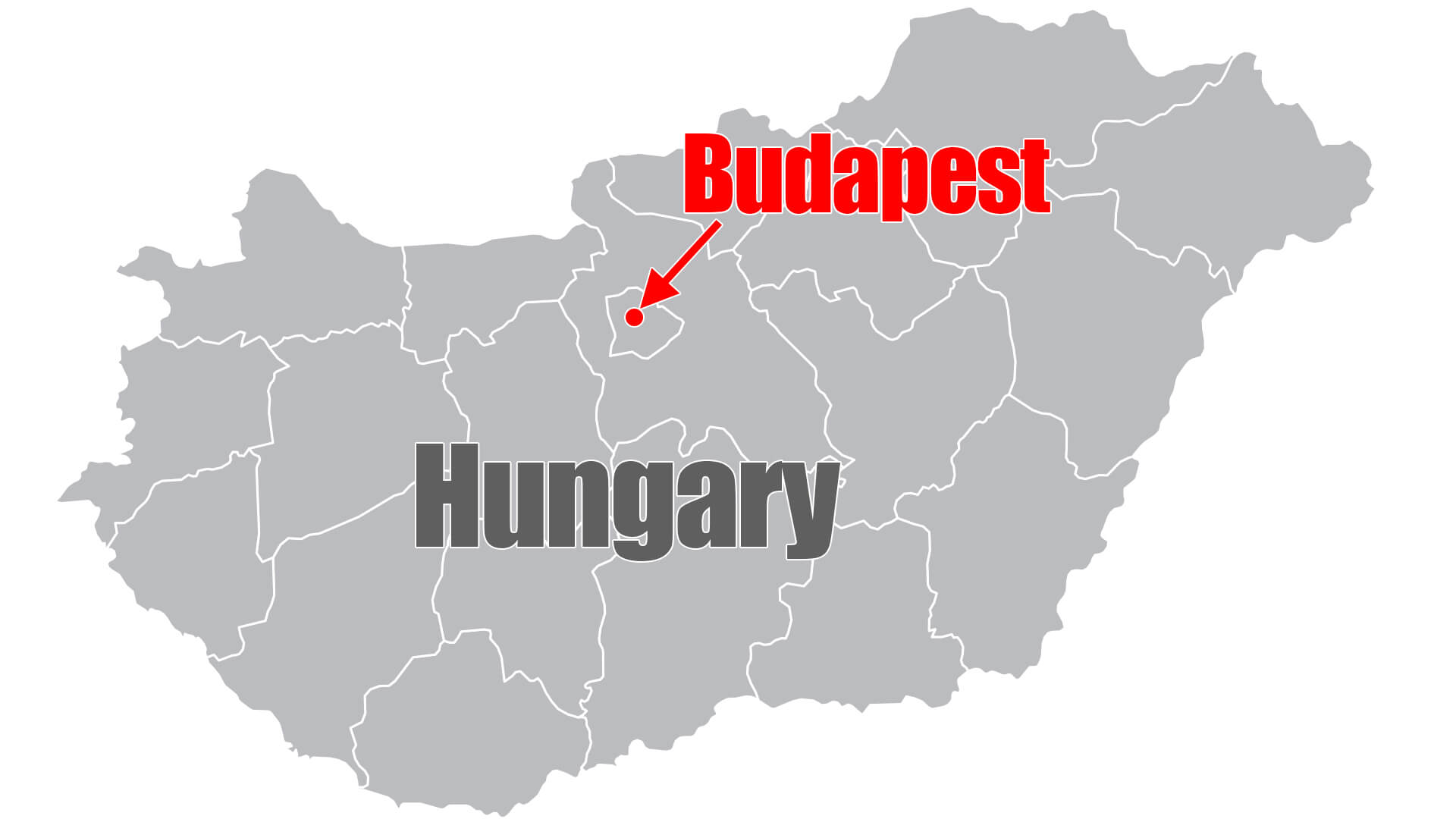 Carte montrant avec un ping rouge et une flèche où se trouve Budapest sur la carte de la Hongrie