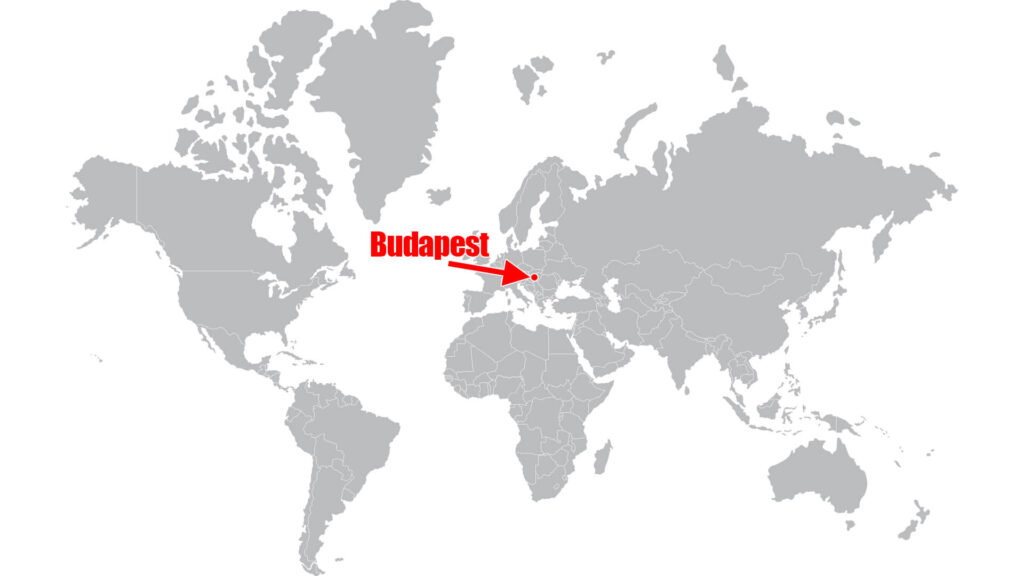 Mappa che mostra dove si trova Budapest sulla mappa del mondo con un puntatore