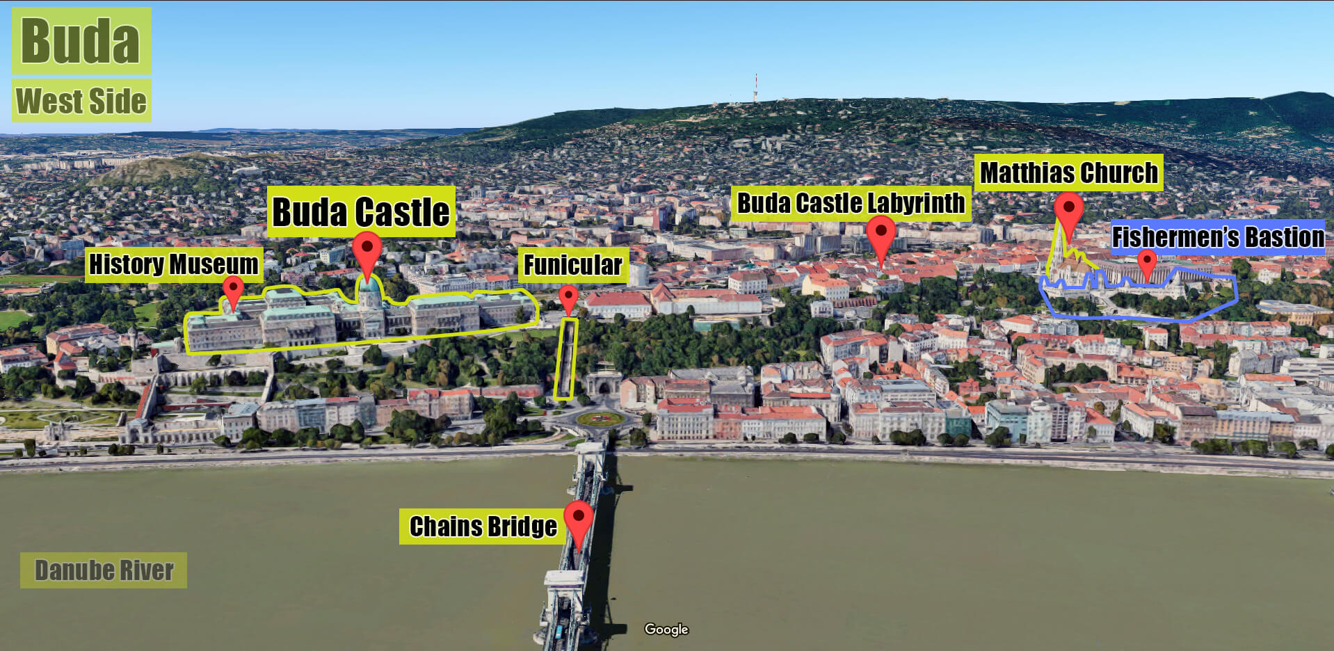 Satellite photo map showing the attractions in the castle district of Budapest