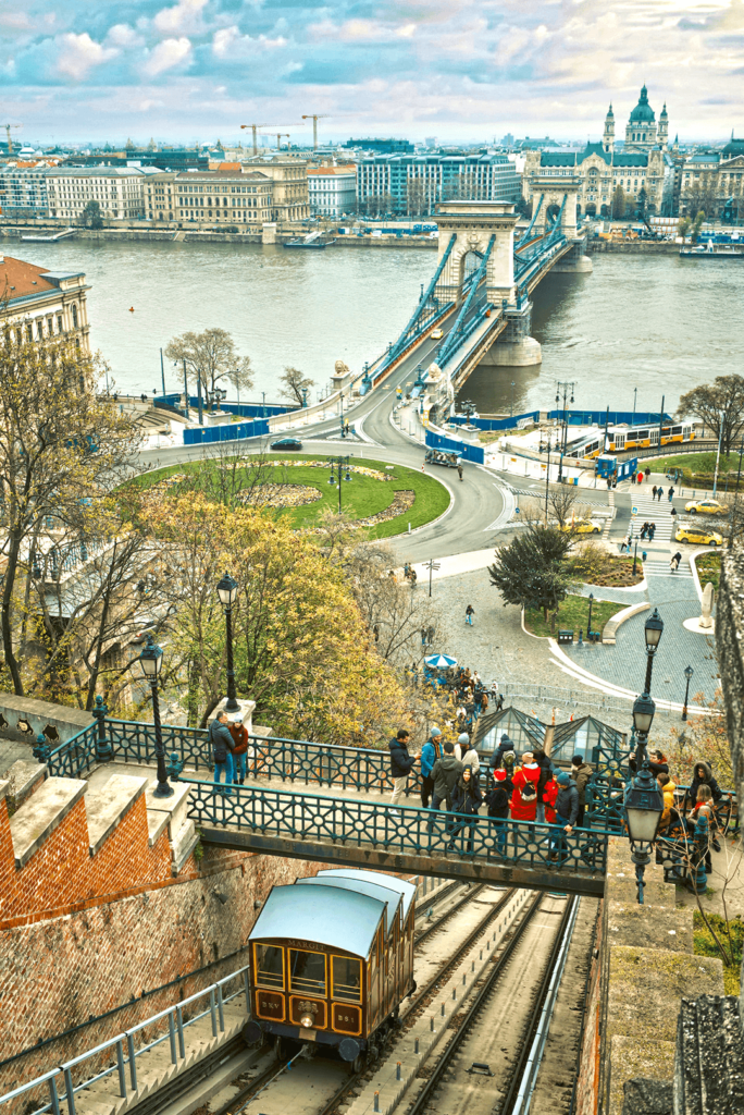 Panoramic view to budapest and funicular rails and chains bridge