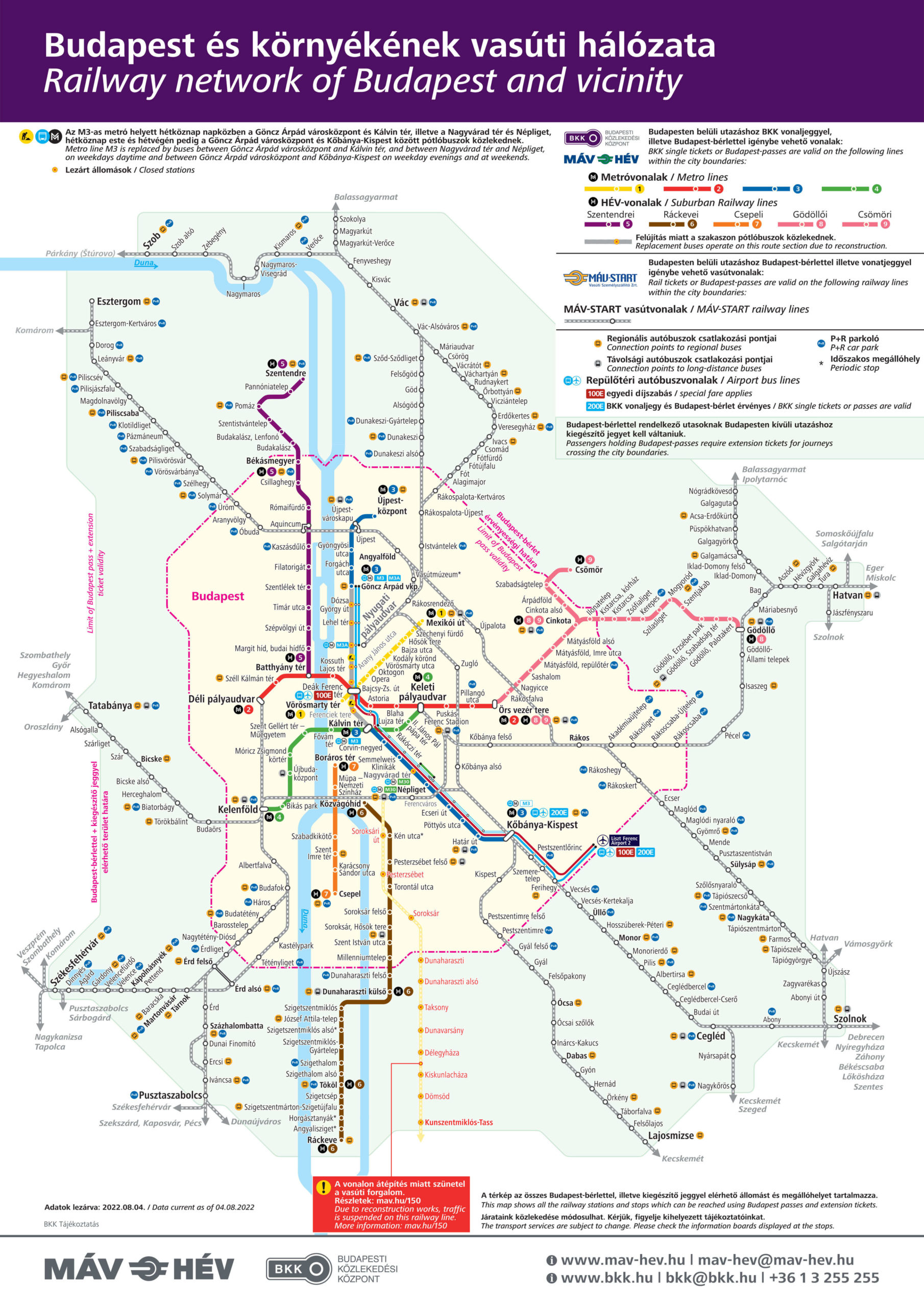 Karte aller Schienenverkehrsnetze in Budapest