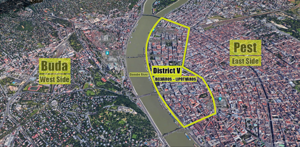 Satellite image showing where District V is located in Budapest with boundaries outlined