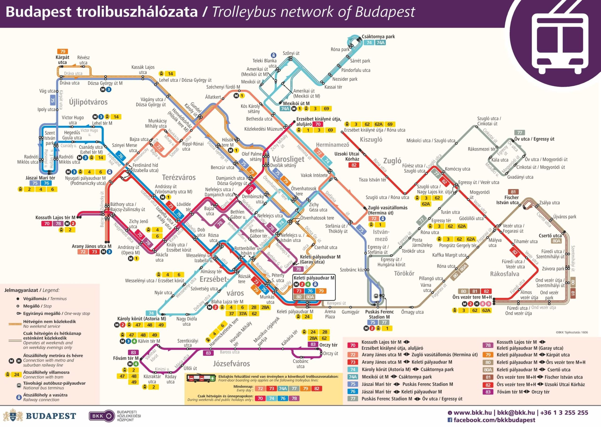 detailed map of the trolleybus lines serving public transport in Budapest