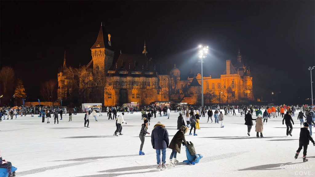 People skating in the evening at City Park Ice Rink Budapest