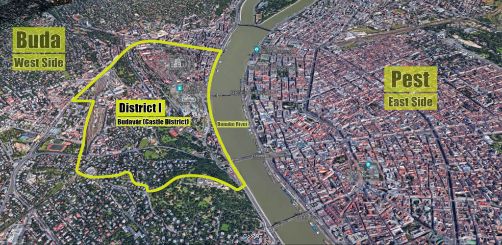 Satellite image showing where District 1 is located in Budapest with outlined boundaries
