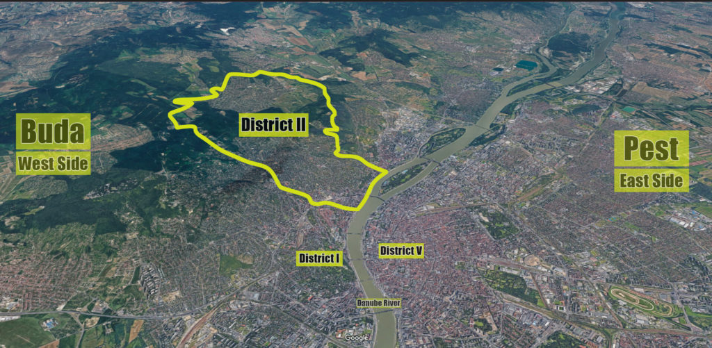 Satellite image showing where District 2 is located in Budapest with outlined borders