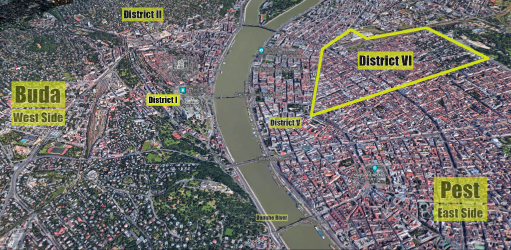 Satellite image showing where District VI is located in Budapest with outlined borders