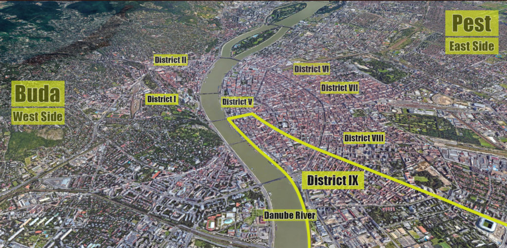 Satellite image showing where District IX is located in Budapest with outlined borders