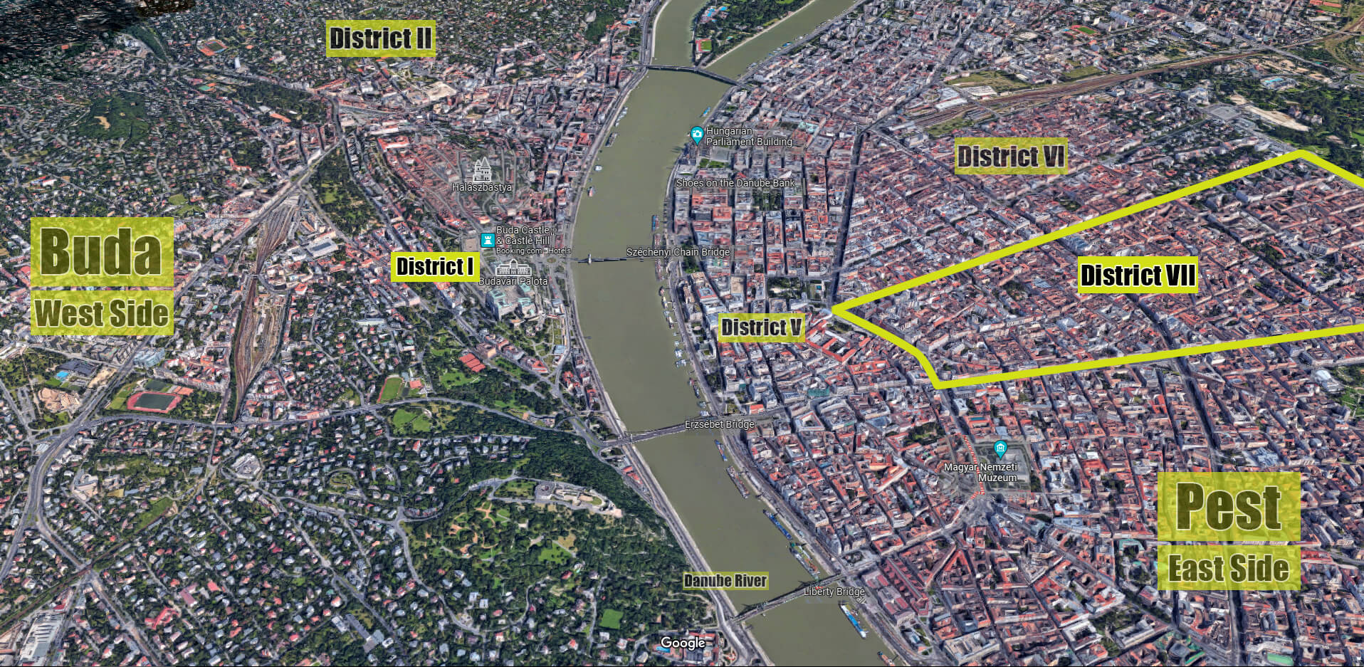 Satellite image showing where District VII is located in Budapest with outlined borders