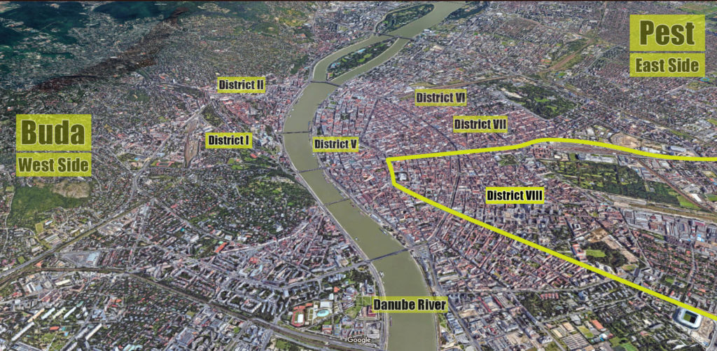 Satellite image showing where District VIII is located in Budapest with outlined borders
