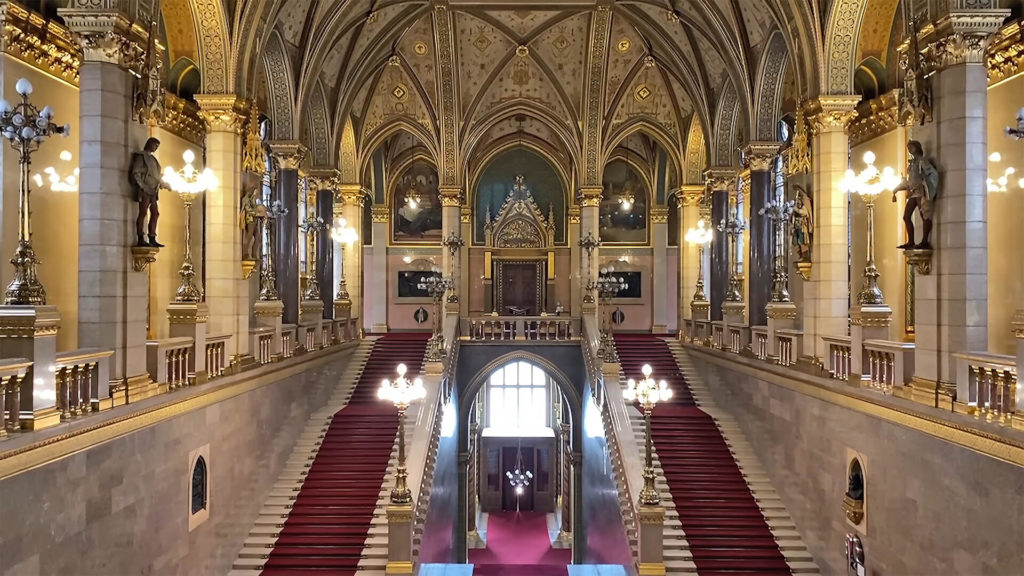 stairs and red carpet inside of hungarian parliament