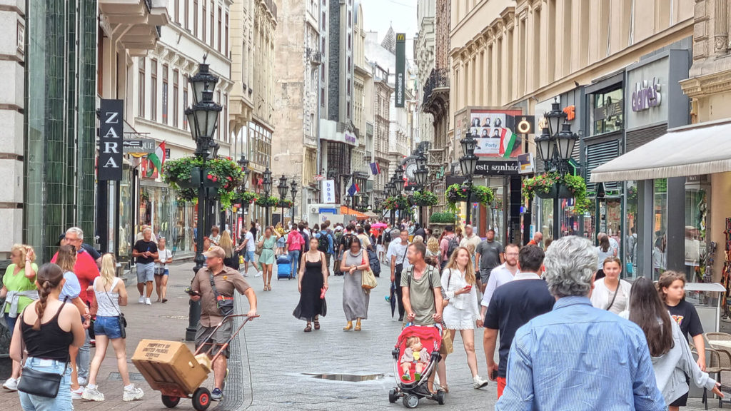 tourists walking along Váci Utca Street in Budapest